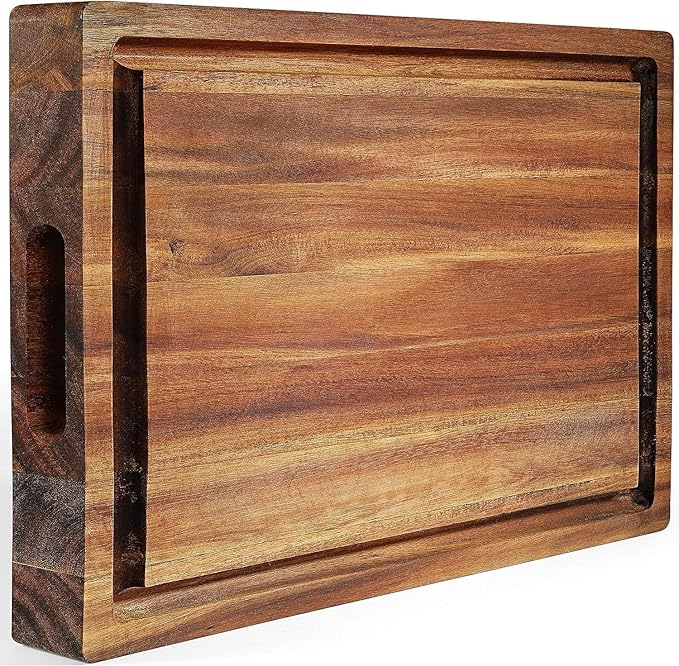 XL Acacia Wood Cutting Board (20x15x1.5in) and Wooden Butcher Block, Chopping Board-Reversible Multipurpose For Meat, Cheese Board, Vegetables, Bread with Juice Groove, Cracker Holder & Inner Handles