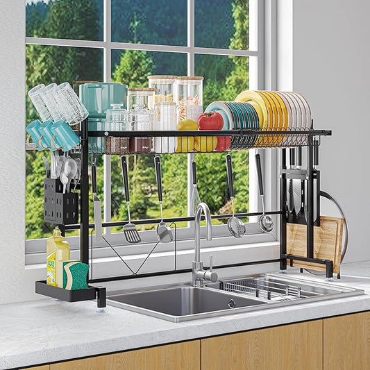 MINGLING Over The Sink Dish Drying Rack, Expandable Height and Length, Large Capacity Stainless Steel Sink Rack, Kitchen Storage and Organization, 24.4"-38.2" L x 9.84" W x 17.7"-22.1" H