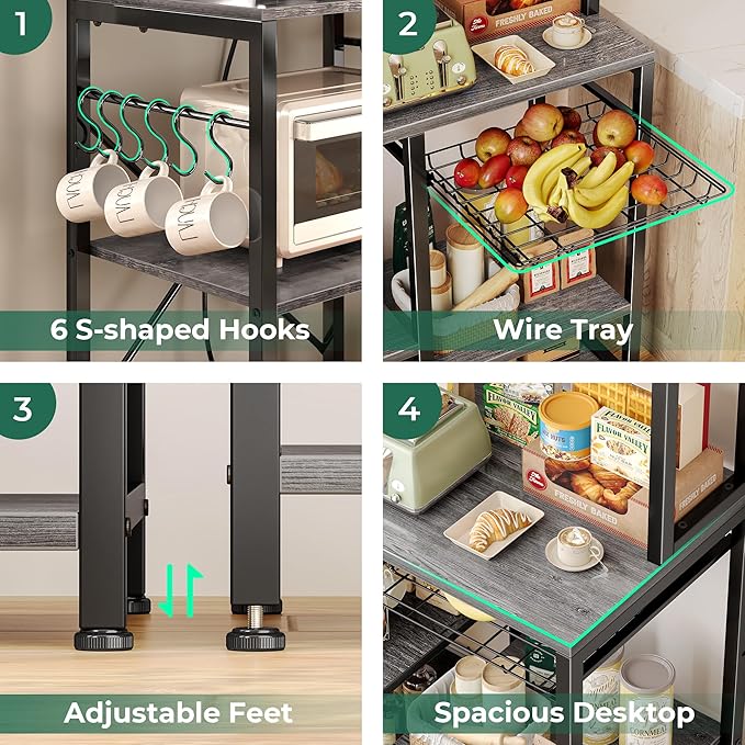 SUPERJARE Bakers Rack with Power Outlet, 47.2 Inches Coffee Bar with Wire Basket, Kitchen Microwave Stand with 6 S-Shaped Hooks, Open Storage Shelves, Grey