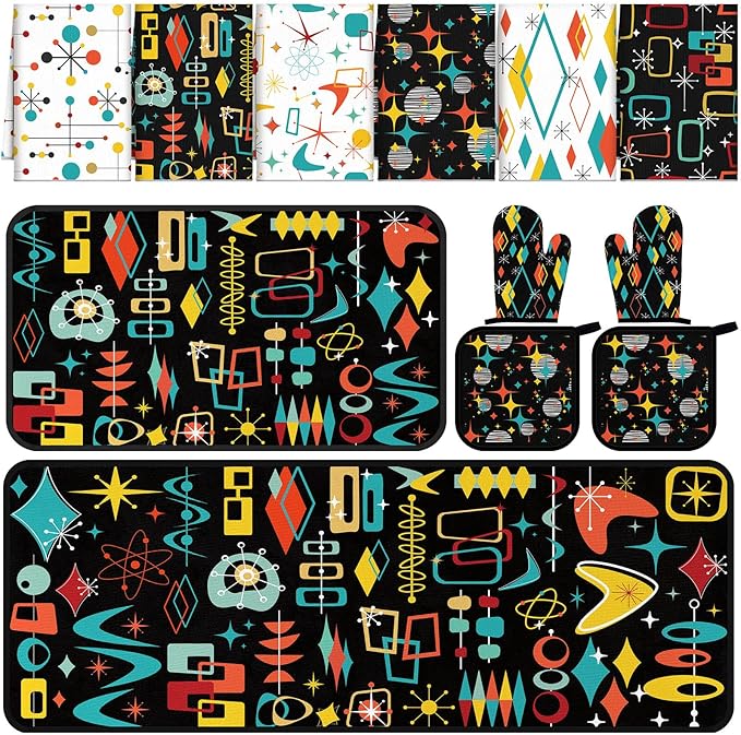 12 Pcs Retro Kitchen Decor Mid Century Oven Mitts and Pot Holders Set Mid Century Kitchen Dish Towels Vintage Abstract Geometric Potholders Rugs Mats for Black White Baking Cooking BBQ Gift