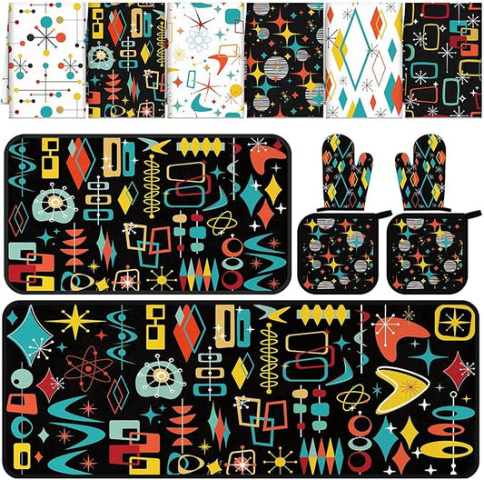 12 Pcs Retro Kitchen Decor Mid Century Oven Mitts and Pot Holders Set Mid Century Kitchen Dish Towels Vintage Abstract Geometric Potholders Rugs Mats for Black White Baking Cooking BBQ Gift