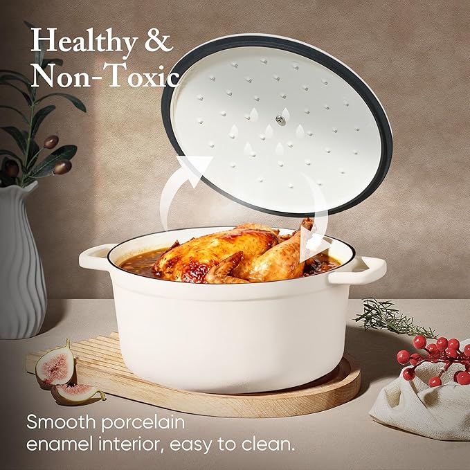 CAROTE 7QT Enameled Cast Iron Dutch Oven Pot with Lid, Heavy-Duty Dutch Ovens for Sourdough Bread Baking, Braising, Stews, Roasting, Healthy & Non-Toxic, Dual Handles, All Stovetop Compatible, Oven Safe up to 500° F, Cream White