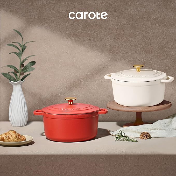 CAROTE Enameled Cast Iron Dutch Oven Pot with Lid, 4 QT Dutch Ovens, Heavy-Duty Cast Iron Pot for Sourdough Bread Baking, Braising, Stews, Roasting, Healthy & Non-Toxic, Dual Handles, All Stovetop Compatible, Oven Safe up to 500° F, Cream White