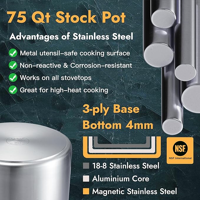CURTA 75 Quart Large Stock Pot with Lid - Bottom Width 17.7 Inches - NSF Listed 3-Ply Clad Base 18/8 Stainless Steel Commercial Induction Ready Cookware