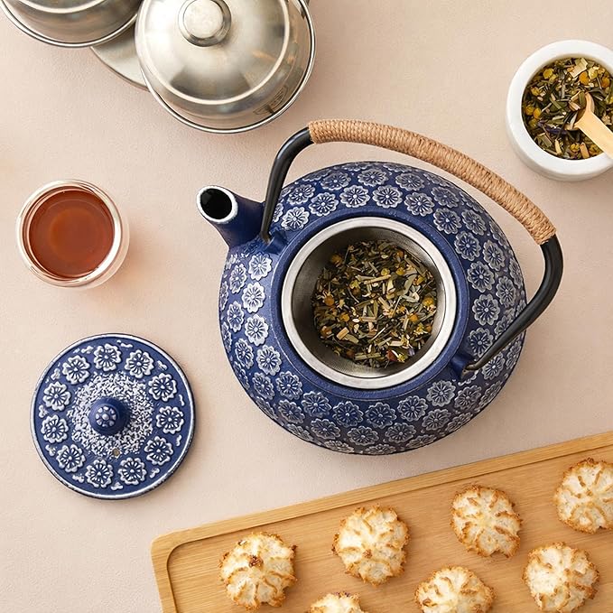 Juvale Japanese Cast Iron Teapot with Infuser & Stovetop Tea Kettle - 34 oz, Blue - Heat Retention, Removable Lid & Fold-Down Handle