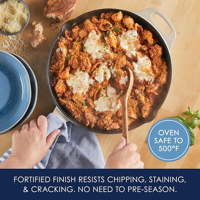 Rachael Ray NITRO Cast Iron Frying Pan/Skillet with Helper Handle and Pour Spouts, 12 Inch, Almond