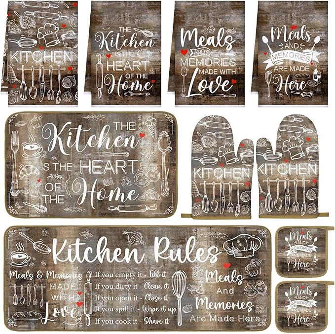 10 Pcs Farmhouse Kitchen Decor Brown Oven Mitts and Pot Holders Sets Vintage Kitchen Dish Towels Rustic Pattern Oven Gloves for Home Decorations Baking Cooking Birthday Summer Gifts
