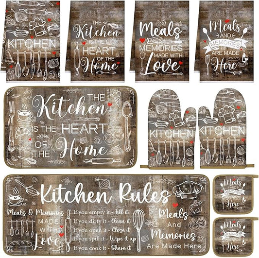 10 Pcs Farmhouse Kitchen Decor Brown Oven Mitts and Pot Holders Sets Vintage Kitchen Dish Towels Rustic Pattern Oven Gloves for Home Decorations Baking Cooking Birthday Summer Gifts