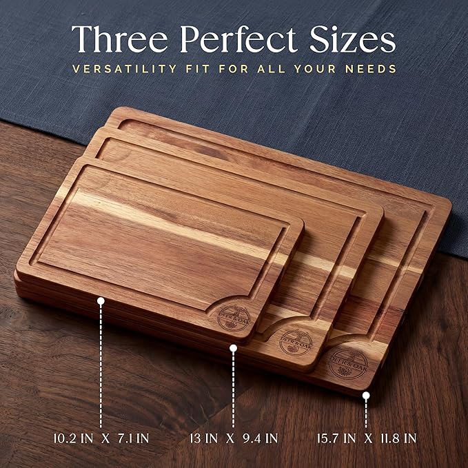 Pre-Oiled, Non Toxic 3-Piece Acacia Cutting Board Set with Stand, FSC Certified Wooden Chopping Boards, Includes 100ml Chopping Board Oil, 3 Size Wood Carving Boards for Home, BBQ Kitchens, Deer & Oak