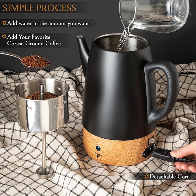 Moss & Stone 10 Cup Black Percolator Coffee Pot Electric, Stainless Steel Coffee Percolator Electric With Keep Warm Function, Classic Perculator Pot With Removable Basket for Home or Office