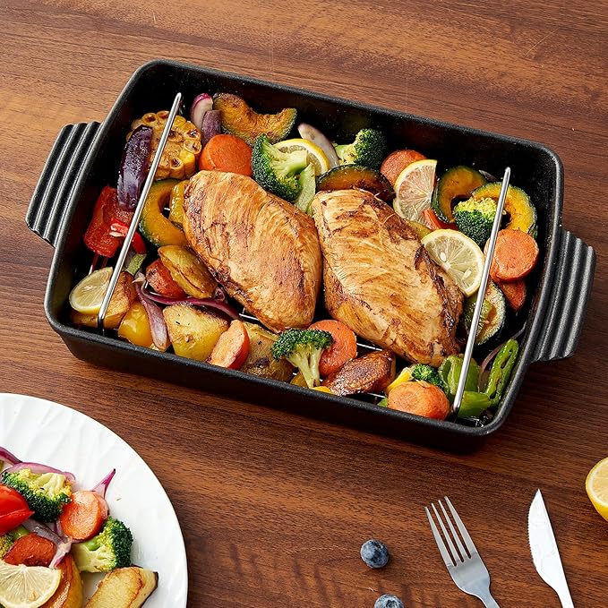 Cast Iron Roasting Pan with Rack, 9 x 12.6 Inch Heavy Duty Turkey Roaster, Induction Compatible Meat Broiler Pan for Stovetop and Oven