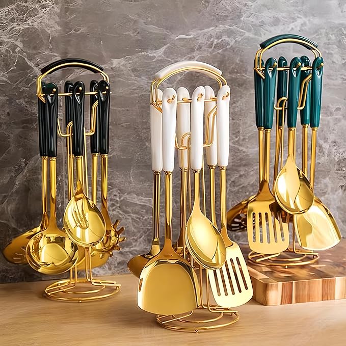 Gold Kitchen Utensils,7 Pieces Cooking Utensils Set,Kitchen Tools Set With Utensil Holder, Gold Kitchen Accessories,Dishwasher Safe, Easy To Clean(White)