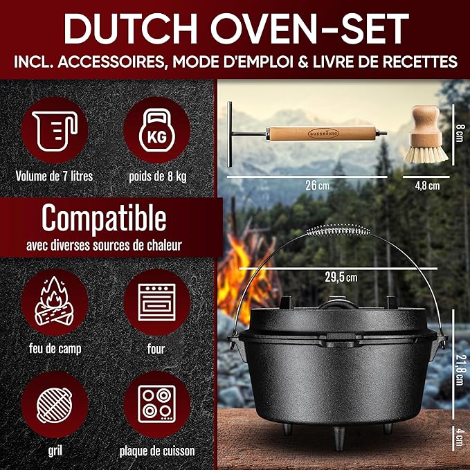 Pre-Seasoned Dutch Oven Set - 7 Quart Cast Iron Dutch Oven Pot with Lid, Fire Pot with Feet for Bread Baking & Cooking - Includes 2-in-1 Lid Lifter, Brush & Recipe Book [for 3-5 People]