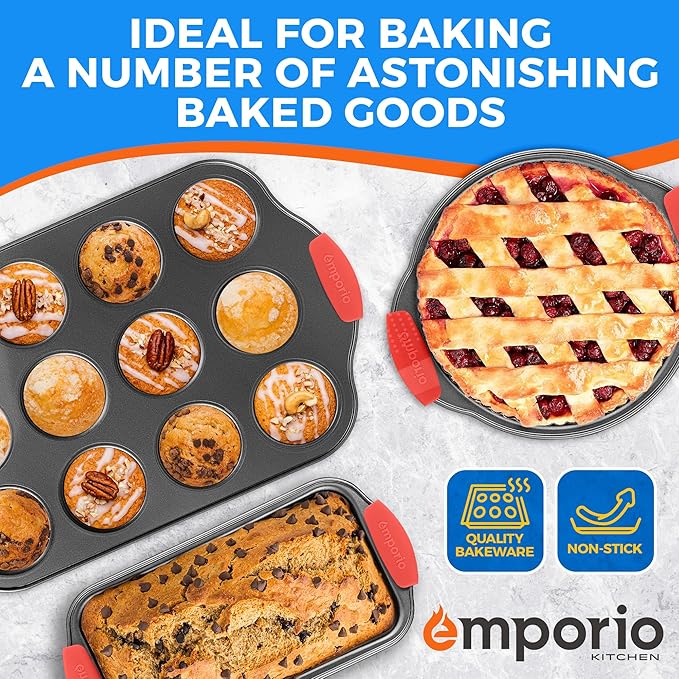 Baking Pan Set - Nonstick Coating, Carbon Steel Bakeware Set with Red Silicone Handles, PFOA, PFOS, PTFE Free, Recipe Booklet Included, Oven Safe Tray (Up To 450° F), Set of 8 - Black