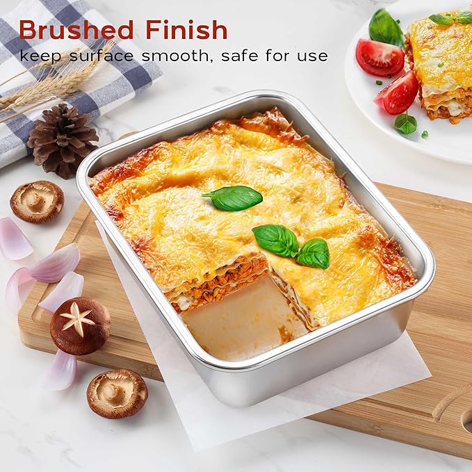 Onader 10⅝ x 8¼ Inch Lasagna Pan Deep Set of 2, Stainless Steel Rectangular Baking Cake Pan, Dishwasher Safe