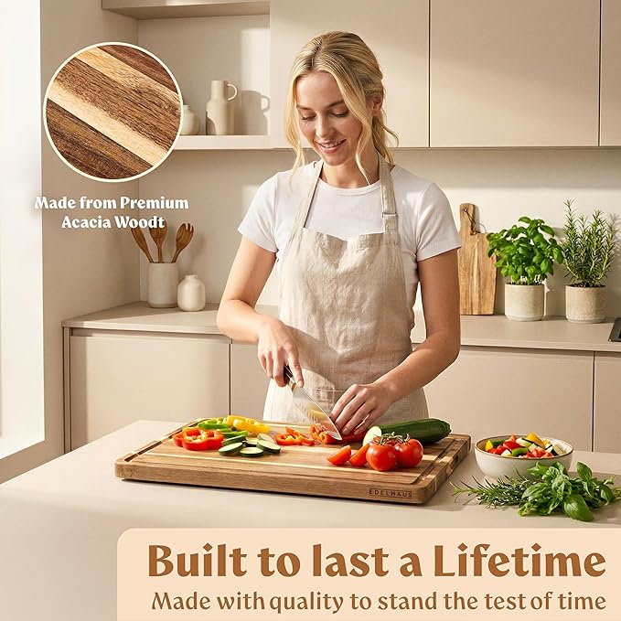 Acacia Wood XL Cutting Board for Kitchen, Large Cutting Board 17.1 × 12.8 - Wooden Chopping Boards with Juice Groove, Non-Toxic, Knife-Friendly & Durable – Housewarming Gift, Charcuterie & Meal Prep