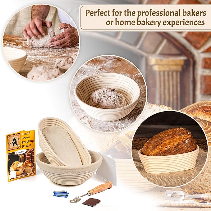 Banneton Bread Proofing Basket Set – 9” Round & 10” Oval Natural Rattan Baskets with Linen Liners, Bread Lame & Dough Scraper – Artisan Baking Tools for Experienced Sourdough Bakers