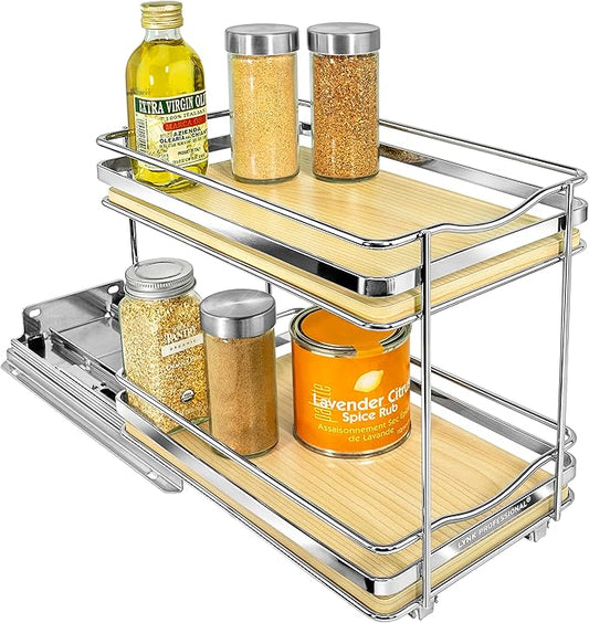 LYNK PROFESSIONAL® Élite™ Pull Out Spice Rack Organizer for Inside Kitchen Cabinets - 6-3/8 inch Wide - Slide Out Drawer – Wood/Chrome Sliding Spice Organization for cabinet - Spice Racks - 2 Tier