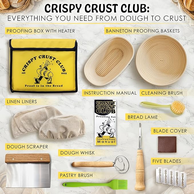Bread Proofing Box & Sourdough Kit, Sourdough Proofing Box & Starter Kit, Bread Making Tools & Supplies, Sourdough & Dough Proofer, 2 Banneton Basket, Lame, Scraper, Whisk, Pastry Brush, Baking Tools