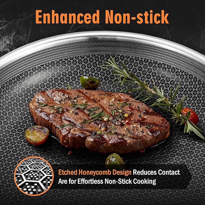 AOSION Nonstick Frying Pans Set,Hybrid Skillets Set with Lid(8+10+9+12inch), Hybrid Stainless Steel Frying Pans Set of 3 for Cooking,PFAS/PFOA Free Cookware Sets,Induction Compatible.