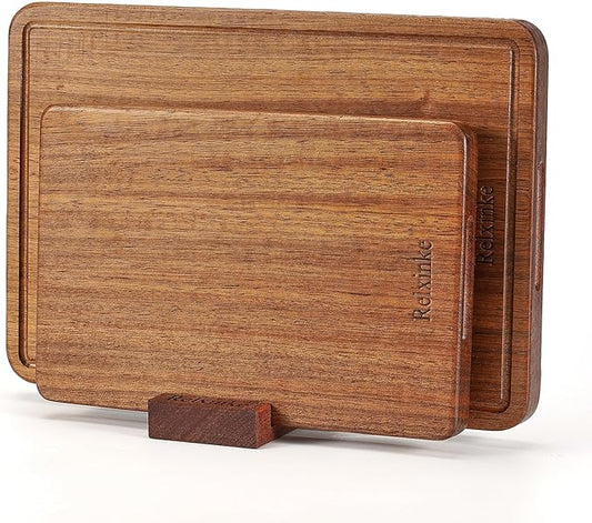 Solid Teak Wood Cutting Board Set One Piece Non Glued Large Thick Crack Resistant Wooden Chopping Board with DeepJuice Grooves Built in Handles for Kitchen Meat Bread 16.9x11.8IN &11.8*7.9IN