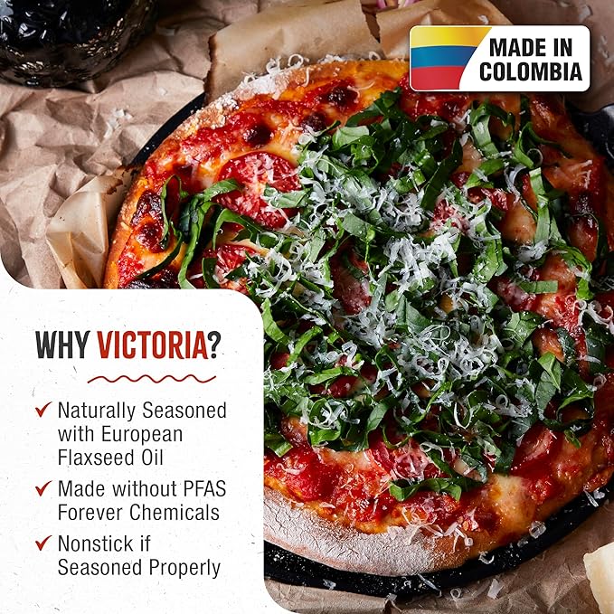 Victoria 10-Inch Cast Iron Comal Pizza Pan with 2 Side Handles, Preseasoned with Flaxseed Oil, Made in Colombia, Black