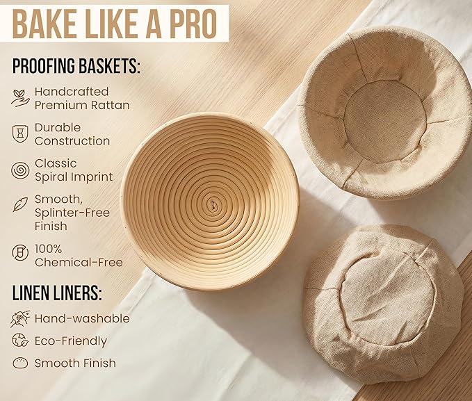 Kook Banneton Bread Proofing Baskets, Artisan Sourdough Bread Making Baskets, 9 Inch Handwoven Rattan Baskets and Cloth Liners, Set of 2, Round