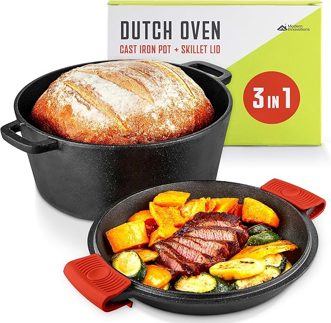 Modern Innovations 3-in-1 Dutch Oven & Skillet Combo, Preseasoned Cast Iron Cookware Set, 5QT Dutch Oven, 1.6QT Skillet with Lid, Versatile Pots and Pans for Camping & Home Cooking