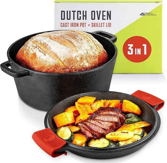 Modern Innovations 3-in-1 Dutch Oven & Skillet Combo, Preseasoned Cast Iron Cookware Set, 5QT Dutch Oven, 1.6QT Skillet with Lid, Versatile Pots and Pans for Camping & Home Cooking