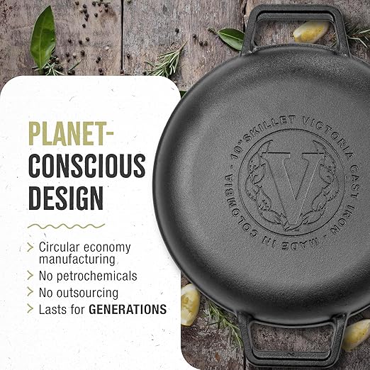 Victoria Cast Iron Round Skillet with Double Loop Handles, Made in Colombia, 10 Inches