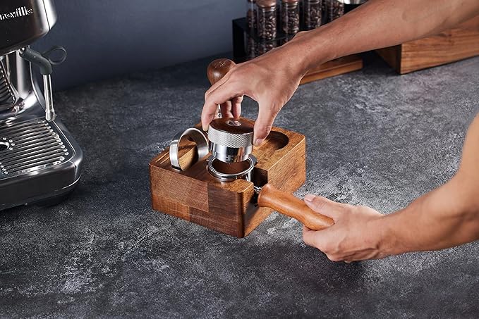 Tamping Station for Portafilters Solid Wood Espresso Accessories 5-Slot Organizer with Anti-Slip Base & Adjustable height (small)