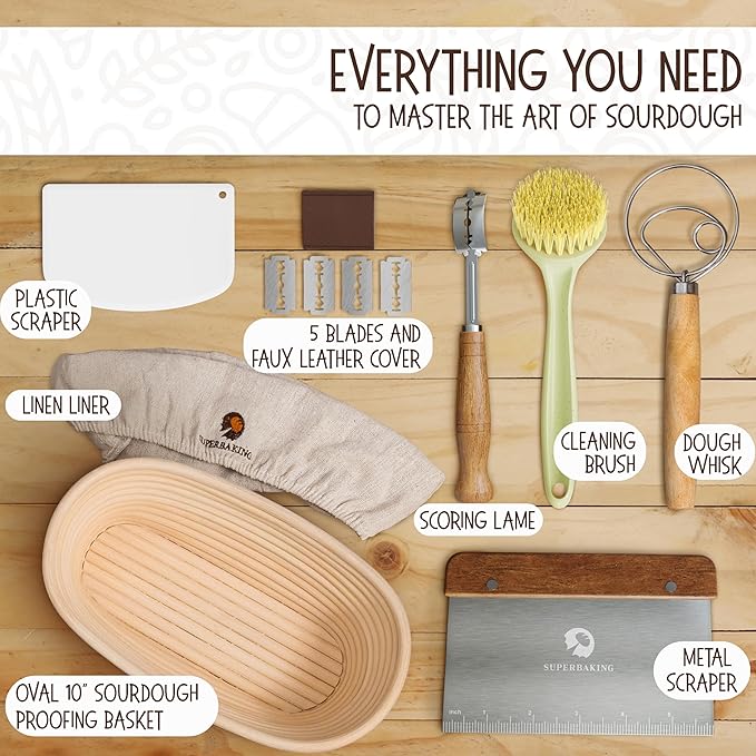 Superbaking 10" Oval Banneton Bread Proofing Basket Gift Set – Sourdough Starter Kit for Crusty Artisan Style Loaves, Includes Essential Bread Baking Supplies & Tools - Ideal Gift for Bakers