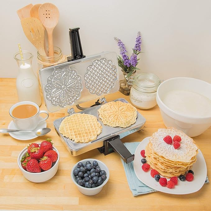 Pizzelle Maker- Polished Electric Baker Press Makes Two 5-Inch Cookies at Once, Even Heating Plates- Must Have Party Baking Supplies - Italian Easter Dessert Treat Making w Recipe Guide- Gift for Her