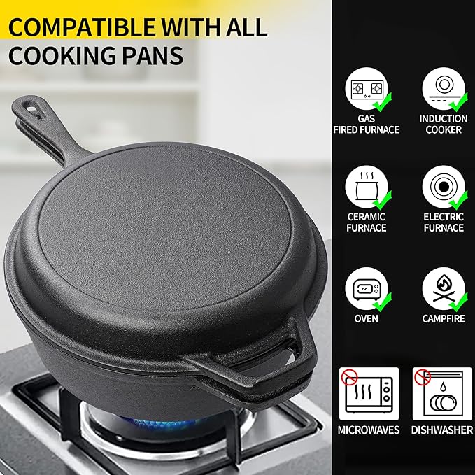 Vivicreate 2 in 1 Cast Iron Dutch Oven Pot with Skillet Lid Pre Seasoned Multi Cooker for Baking Frying Roasting Camping Compatible with All Stoves olla de hierro fundido sartén