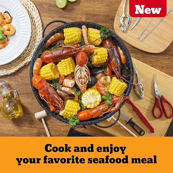 Granite Ware 15-Piece Seafood Set with 15.5 Qt Stock Pot, Lid & Steamer Insert and Seafood Tool Kit for Crab, Lobster, Shrimp Boiling.