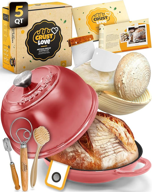 Dutch Oven Bread Baking - 5QT Enamel Bread-Oven - incl Sourdough Bread-Baking Suppliers like Dough Whisk Scoring Lame etc Bread-Dome Cast Iron Bread-Pan with Lid for Sour dough, Bread-making