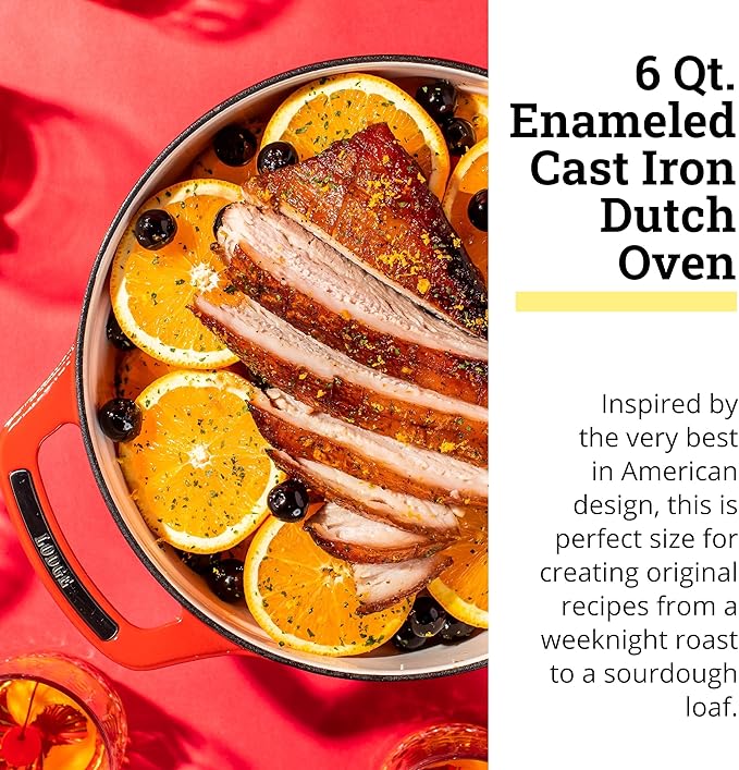 Lodge USA Enamel 6 Qt Enameled Cast Iron Dutch Oven - Cast Iron Cookware - Dutch Oven Pot with Lid - Cherry On Top Color - 6 Qt Capacity