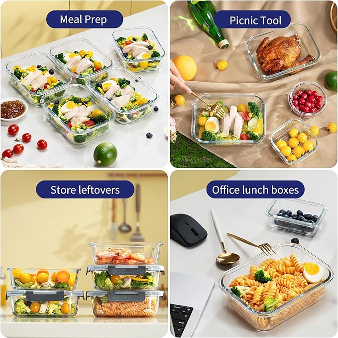 MFY 5-Pack 36 OZ Glass Storage Containers with Lids, Glass Meal Prep Containers Set, Airtight Lunch Containers with Lids, Microwave, Oven, Freezer and Dishwasher Safe, White