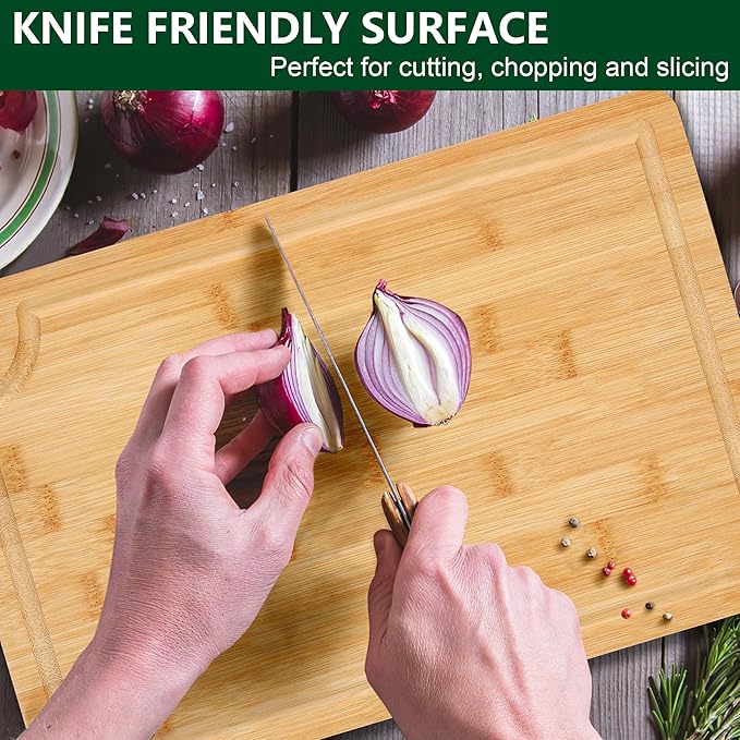 Bamboo Cutting Board Set of 3 - Durable Bamboo Cutting Boards with Deep Juice Grooves & Built-in Handles & Hanging Holes, Reversible Wooden Cutting Boards for Kitchen, Meat, Vegetables