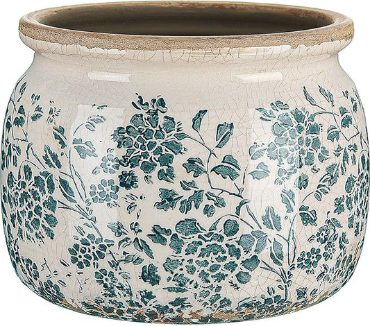 7.7" Large Ceramic Plant Pot Beige Green Vintage Peony Crackle Glaze Rustic Flowers Pot Decorative Planter with Drainage for Indoor Outdoor Plants Home Kitchen Office Decor Gift