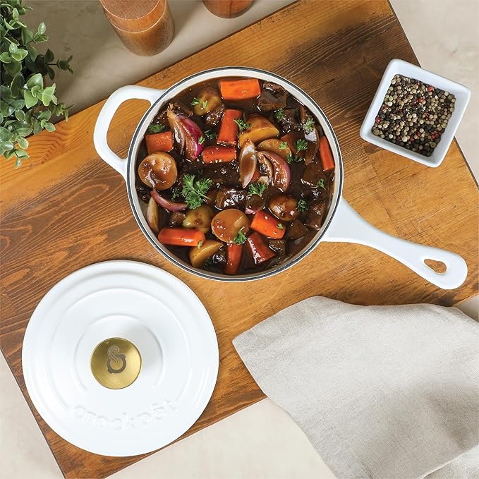 Crock-Pot 3-Quart European Enameled Cast Iron Saucepan with Lid – Matte Linen White, Durable Oven Safe Cookware