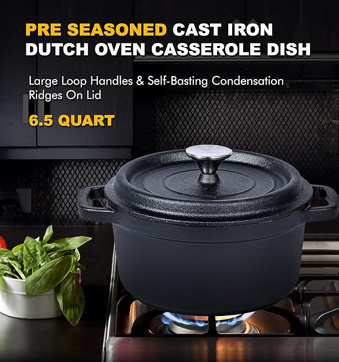 Bruntmor 5.2 Quart Pre-Seasoned Cast Iron Dutch Oven with Lid and Handles - Versatile Black Cast Iron Skillet - Shallow Cookware for Casseroles and Braising Dishes - Works with Induction Stovetops