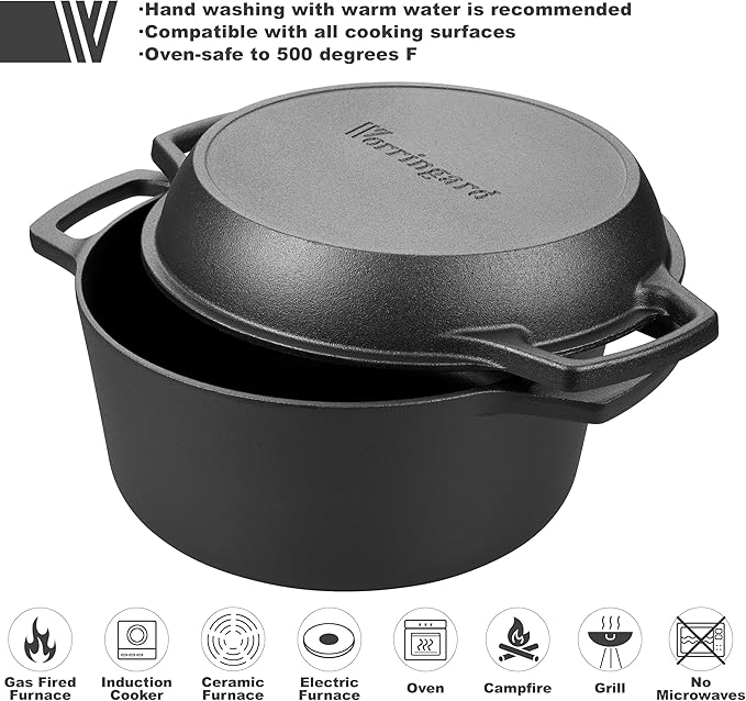 Pre-seasoned Cast Iron Double Dutch Oven Pot with Skillet Lid, Dual-handle, for Bread Baking, Outdoor, Campfire Cooking, include Sourdough Bread Baking Supplies like Banneton Bread Proofing Basket, 5 Quart