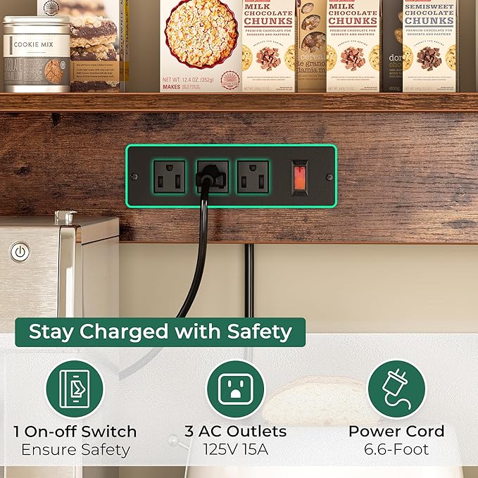 SUPERJARE Bakers Rack with Power Outlet, 47.2 Inches Coffee Bar with Wire Basket, Kitchen Microwave Stand with 6 S-Shaped Hooks, Open Storage Shelves, Rustic Brown