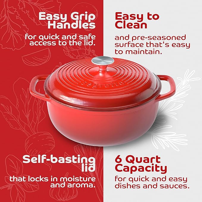 Segretto Enameled Cast Iron Dutch Oven Pot with Lid, Red, 6 Quart Sourdough Dutch Oven for Bread Baking, Braising, Roasting Safe to 500°F Durable Enamel with High Heat Retention and Moisture Lock Seal