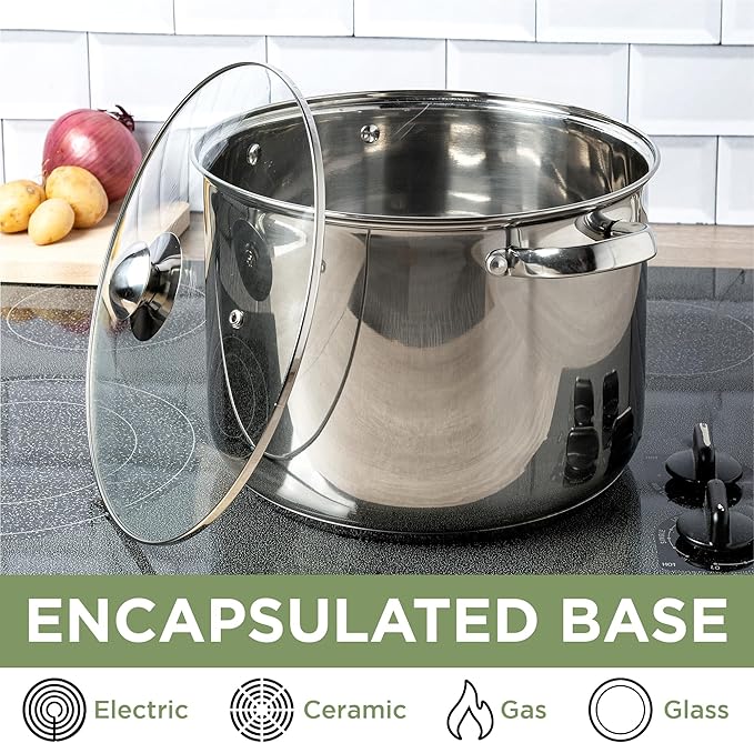 Ecolution Pure Intentions Stock Pot - Features Tempered Glass Lid, Stay-Cool Handles, and Encapsulated Bottom - Oven Safe - Curbside Recyclable Stainless Steel - 12 Quarts