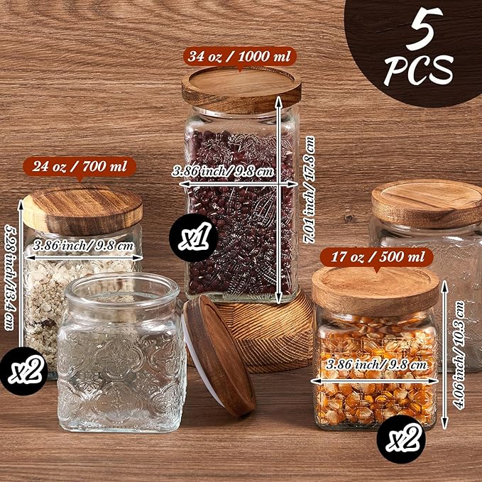 Gerrii 5 Pcs Vintage Glass Food Storage Containers 17/24/34 oz Glass Jar with Lid Airtight Candy Jar Food Canisters for Kitchen Counter Pantry Coffee Beans(Begonia, sunflower, window Grilles Square)