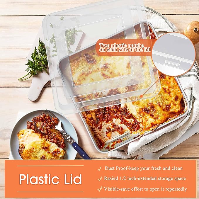 Herogo 8”x 8” Square Cake Pan, Stainless Steel Square Baking Pan with Lid, Cakes Brownie Lasagna Bakeware Set of 2, Healthy & Dishwasher Safe