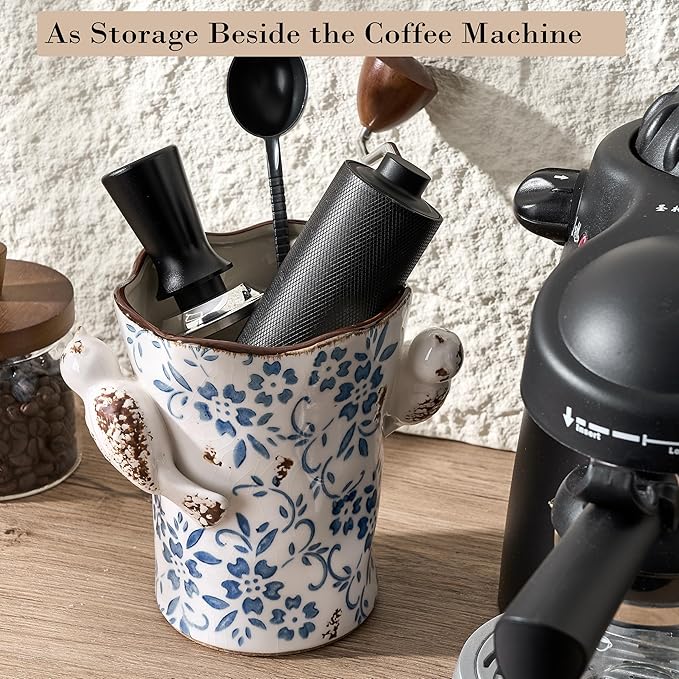 6.34“H Utensil Holder for Kitchen Counter, Modern Farmhouse Cooking Utensil Holder and Crock Home Kitchen Decor, Ceramic Utensil Organizer for Spatula, Ladle, Eggbeater, Rolling Pin- Blue and White