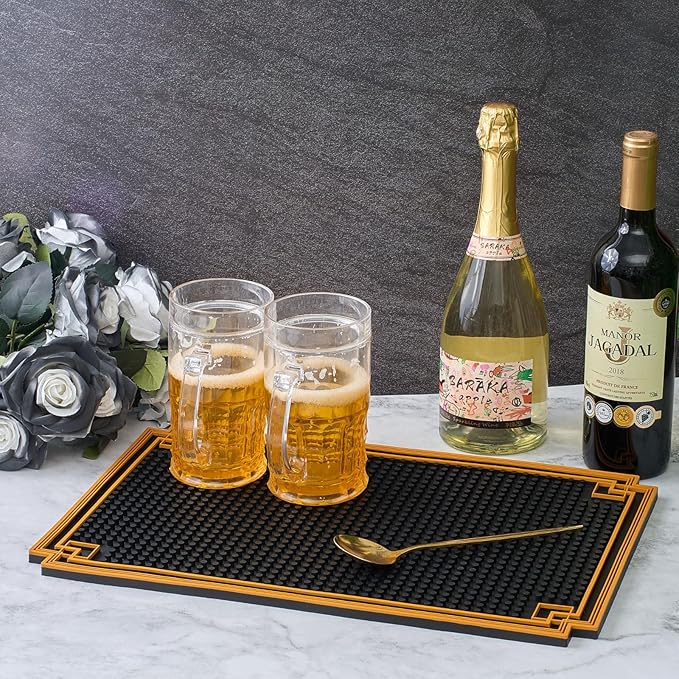 2 Pcs 12 x 6 Inch Bar Mat Non Slip Rubber Mat with Gold Border Durable Stylish Spill Cocktail Service Coffee Mats for Restaurants Barbershop Clippers Bartending, Black